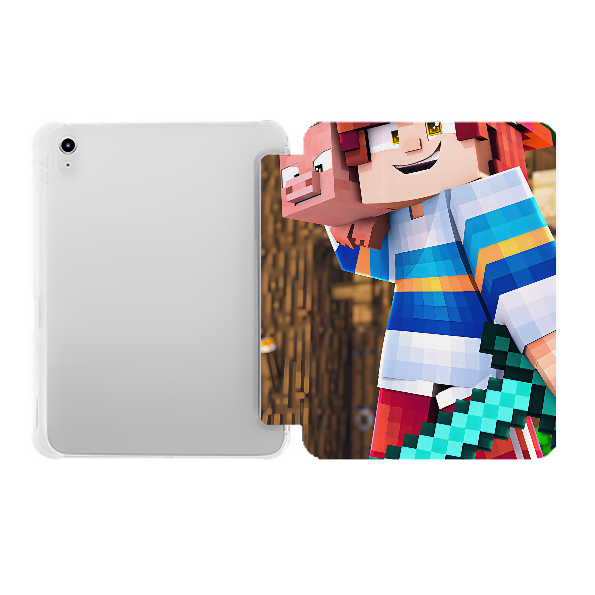 （画像用） マインクラフト ブロックの世界 Minecraft MC Block world IPad ケース ペン収納付き 三つ折りスタンド PUレザー×シリコン 対応機種9.5/10.5/10.9インチ